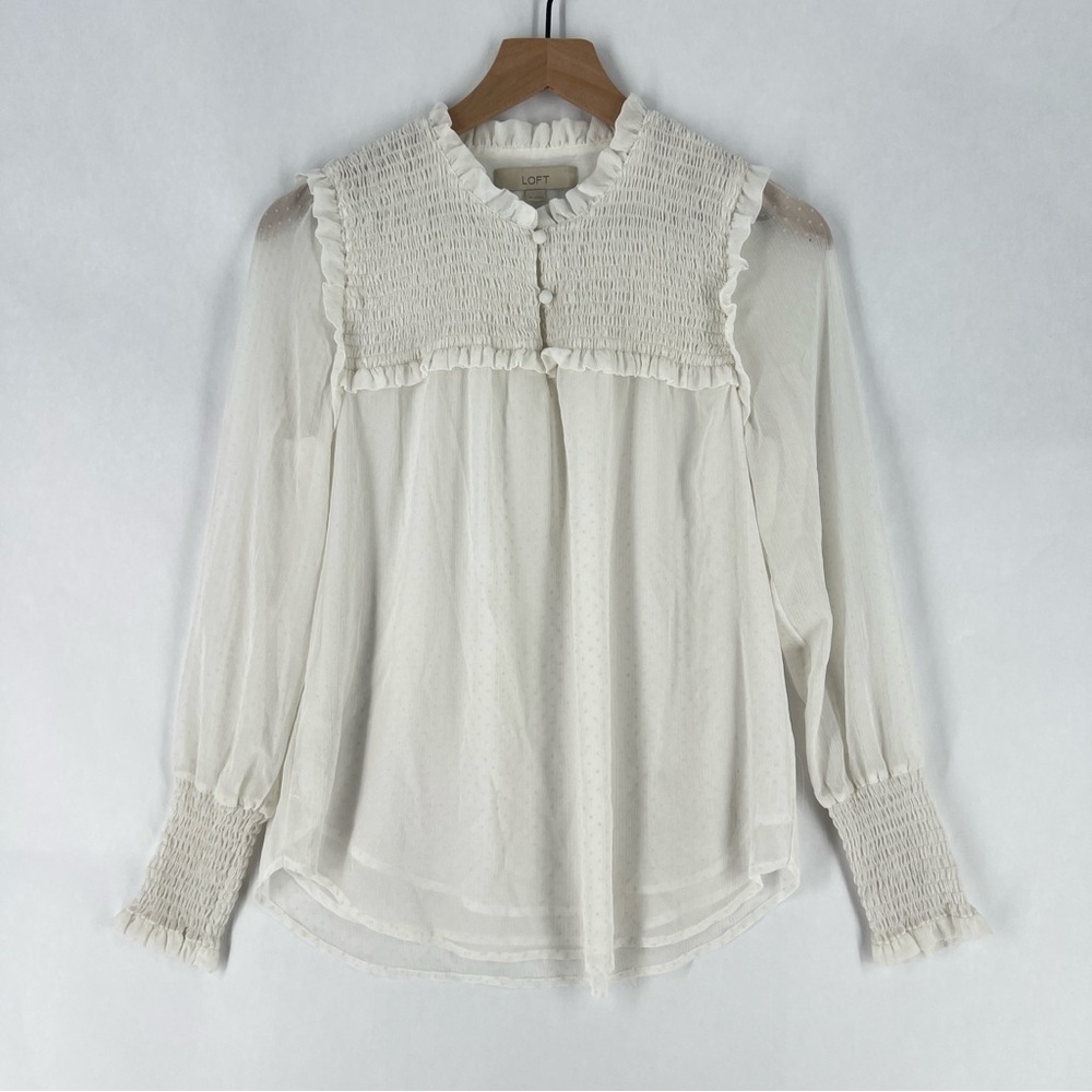 LOFT White Chiffon Polka Dot‎ Smocked Ruffle Trim Long Sleeve Blouse Peasant XS